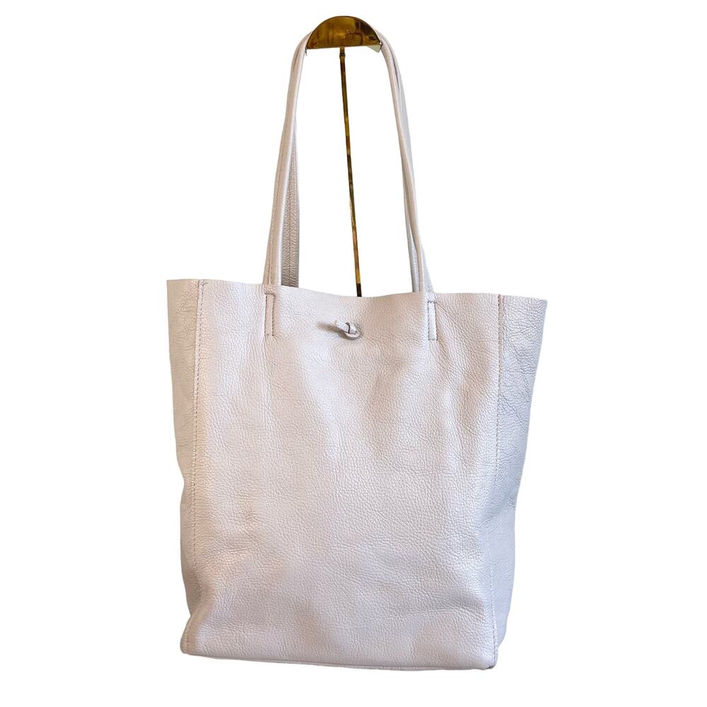 Loowie Women's Gray Taupe Wide Open Top Tie Genuine Leather Tote Shoulder Bag